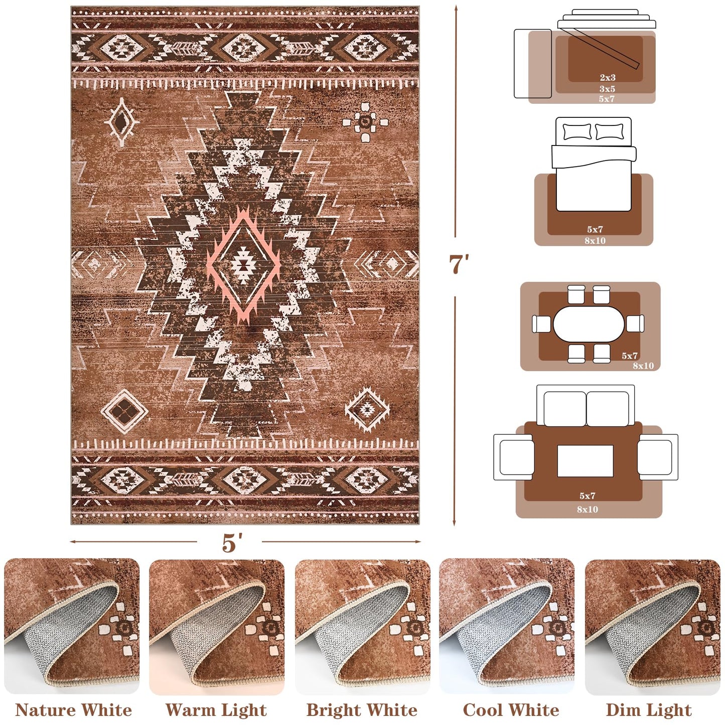 Yinhua Western Living Room Rug 5x7, Moroccan Low-Pile Washable Rug for Bedroom, Aztec Brown Rugs Non Slip with Rubber Backing, Soft Non-Shedding Carpet for Nursery Classroom Office