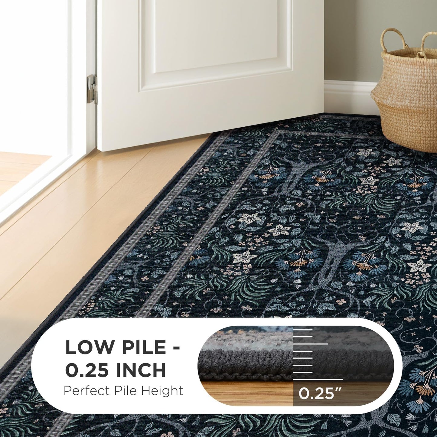 Joydeco Machine Washable Area Rugs 5x7, Boho Floral Rug for Bedroom Non Slip, Soft Forest Botanical Low-Pile Floor Indoor Throw Carpet for Living Dining Room Dorm Office, Blue-Black