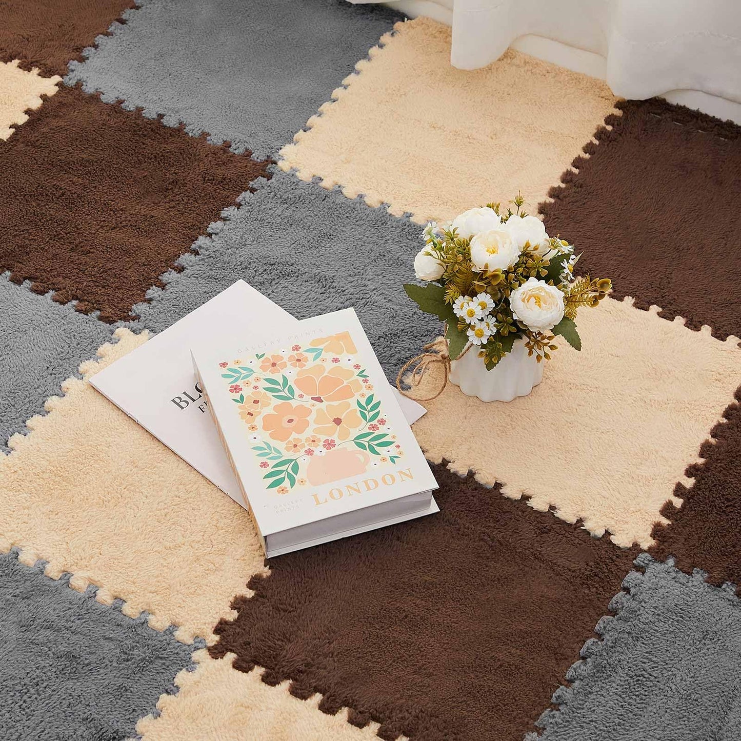 Amylove 36 Pack Plush Foam Floor Mat Square Interlocking Carpet Tiles with Border Fluffy Play Mat Floor Tiles Soft Climbing Rugs for Bedroom Playroom, 12 x 12 x 0.4 in(Gray, Apricot, Dark Brown)