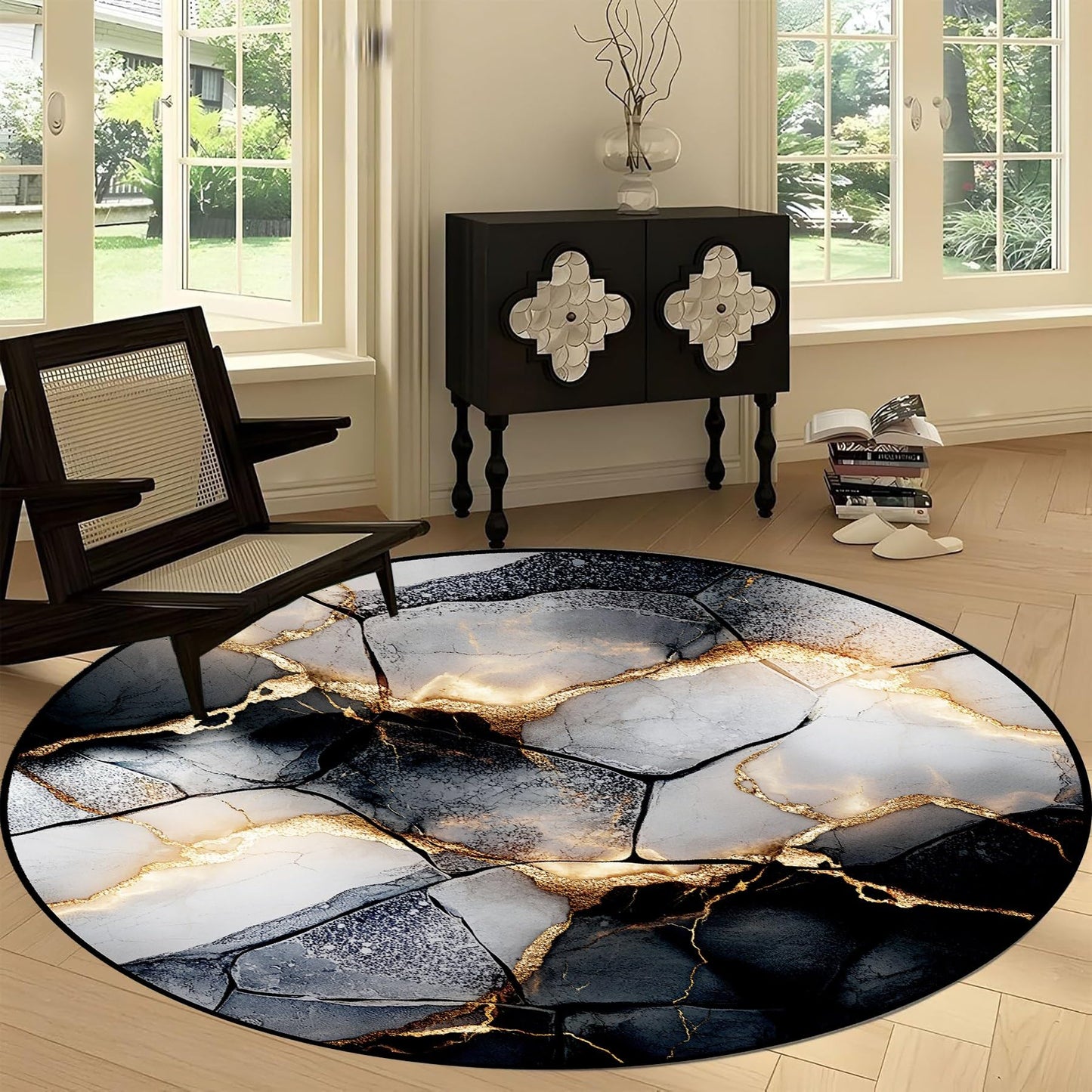 Modern Abstract Round Area Rug, 4ft Stylish Artistic Beautiful Gray Marble Design Indoor Floor Mat. Machine Washable, Non-Slip, and Shed-Resistant Low-Pile Circular Carpet for the Living Room