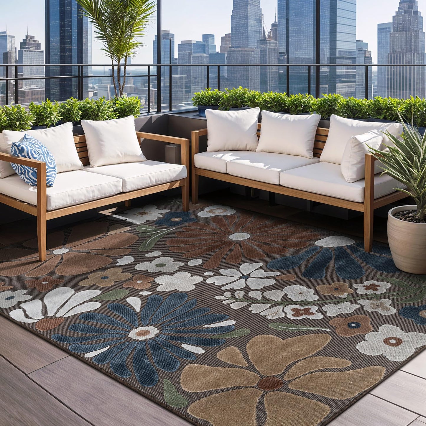 Beverly Rug Outdoor Rug 9x12 Large Modern Floral Tropical Area Rugs for Outdoor and Indoor Patio Easy to Clean Non Shedding Living Room Porch Garden Washable Outside Carpet (9 x 12 Brown)