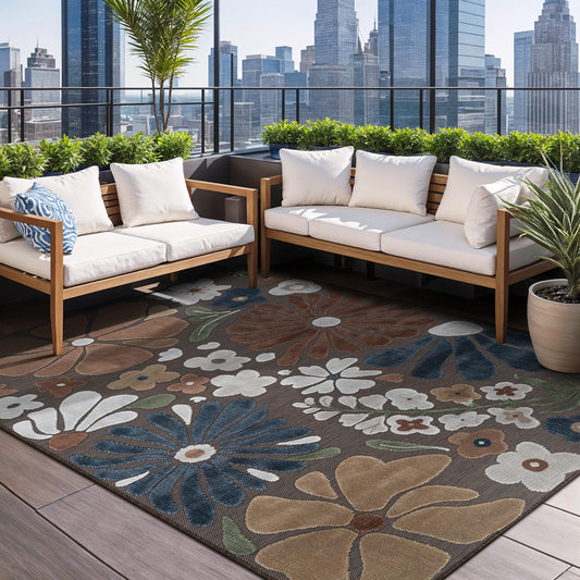 Beverly Rug Outdoor Rug 9x12 Large Modern Floral Tropical Area Rugs for Outdoor and Indoor Patio Easy to Clean Non Shedding Living Room Porch Garden Washable Outside Carpet (9 x 12 Brown)
