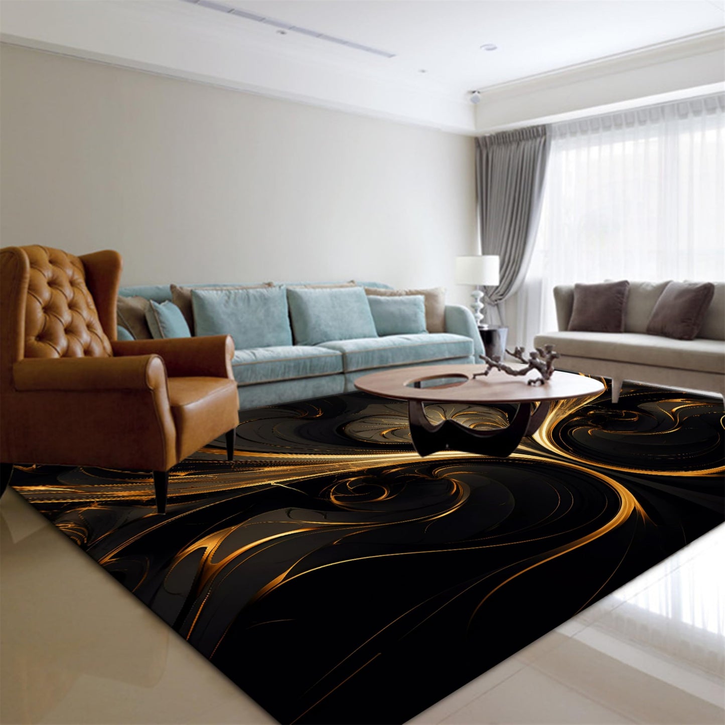 Black and Gold Ripple Rug, Gilt Heart, Soft Non-Shedding Washable Rugs with Non-Slip Backing, Low Pile Floor Mat Indoor Carpet 2x3ft
