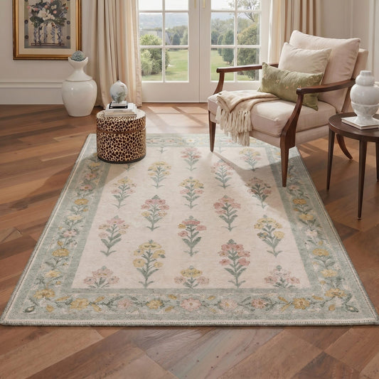 Bavni 5X7 Area Rugs for Living Room Machine Washable, Non Slip Low Pile Soft Modern Botanical Rugs, Vintage Floral Carpet for Bedroom Dining Room, Home Office, Dusty Sage