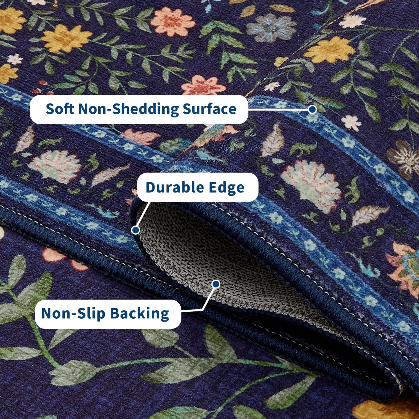 Garvee Living Room Rug 8x10 Washable Rug Floral Rugs for Bedroom Non Slip Low Pile Indoor Carpet Soft Non-Shedding Foldable Thin Mat for Bedroom Dining Room Farmhouse Kids Playroom Office Dorm Blue