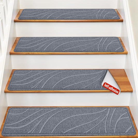 ComfyInLove Stair Treads for Wooden Steps, 15 PCS 8"x30", Non-Slip Indoor Stair Runners, Washable & Reusable Stairs Carpet Rugs with TPE Backing, No Residue, Safe for Kids, Pets, Seniors (Gray)