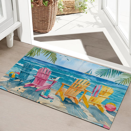 SOAYOH Colorful Beach Chair Indoor Door Mat,Tropical Ocean Seagull Palm Entryway Area Rug Front Doormats,Seaside 17x29.5 Inch Soft Non Woven Floor Matsfor Kitchen Balcony Decor Gifts