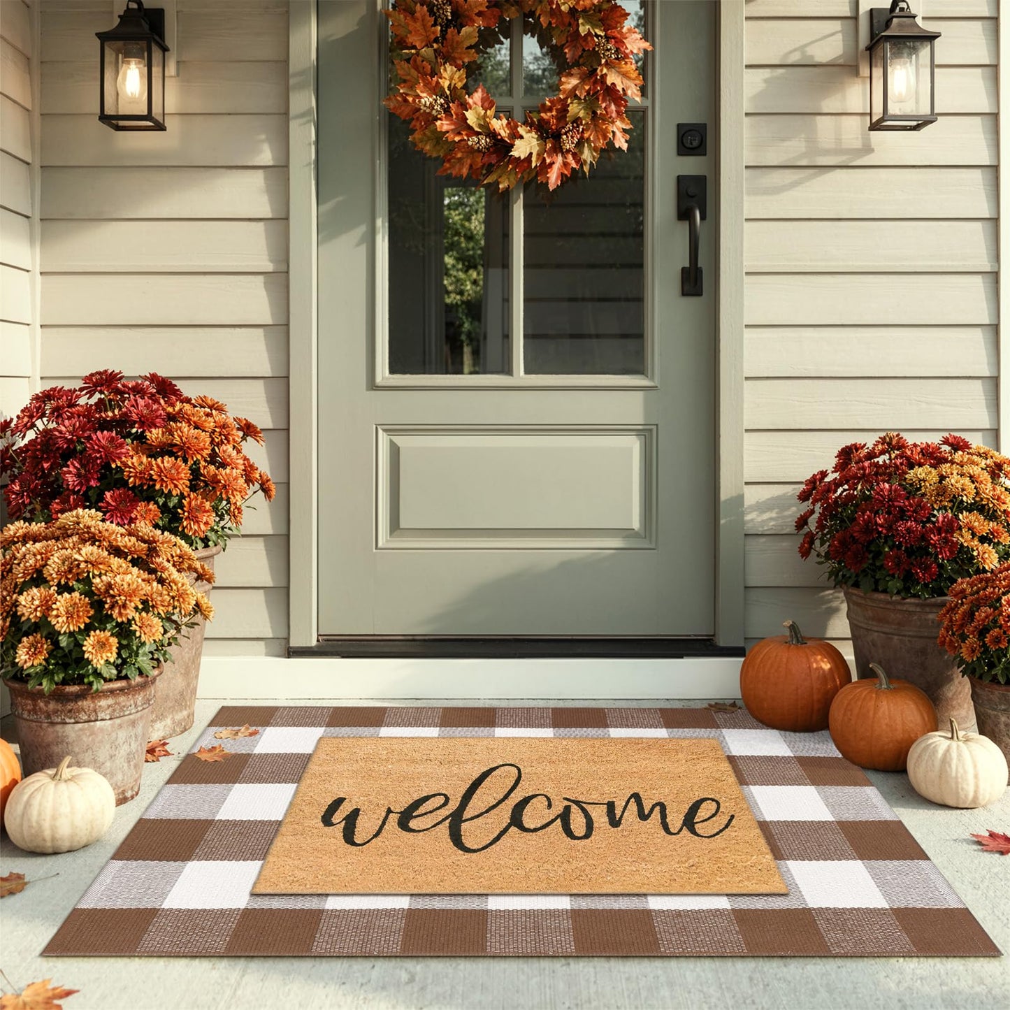 LEEVAN Buffalo Plaid Outdoor Rug, Earthy Tones Washable Checkered Front Porch Rug, 27.5x43 Inch Brown and White Cotton Woven Farmhouse Decor Layered Door Mats for Entryway/Kitchen/Bedroom
