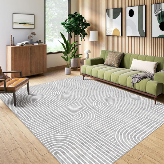 LUXRUG Washable Area Rug 5x7 - Boho Living Room Rug Soft Bedroom Rug Ultra-Thin Grey Modern Abstract Rainbow Dining Room Rugs Indoor Carpet for Living Room Nursery Room