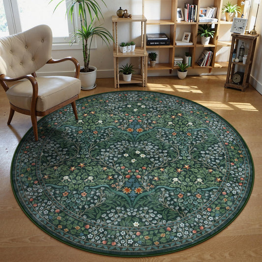 Lahome Floral Washable Round Area Rug, Soft Round Rugs 6ft Ultra-Thin Non-Slip, Boho Stain Resistant Large Circle Carpet for Bedroom Living Room Kitchen Nursery Giverny, Dark Green
