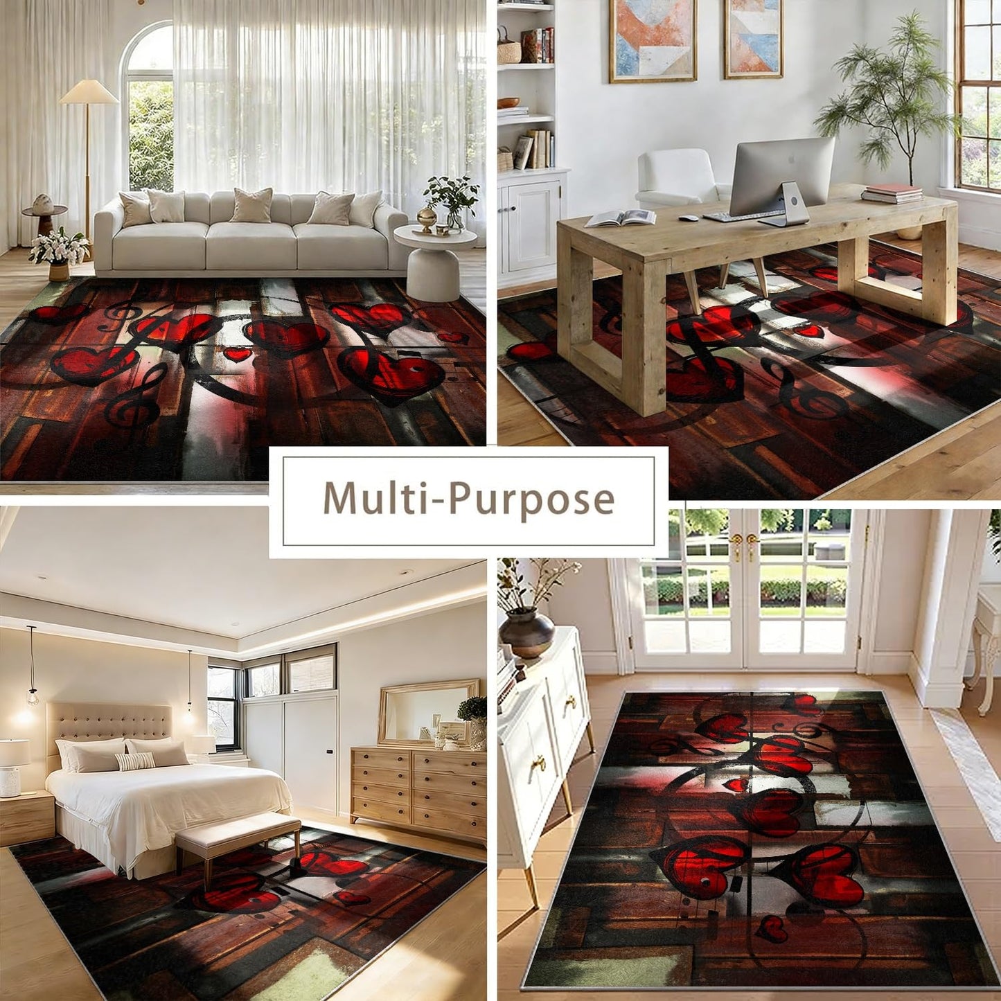 Music Theme Heart Area Rug, 3x4ft,Indoor Cool Black Music Notesrugs,Electric Guitar Piano Drum Set Game Room Decora Carpet,Easy to Clean and Washable Music Player Rug,for Living Room Bedroom Floor Mat