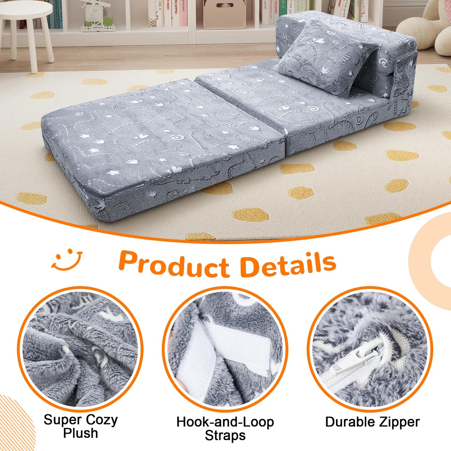 MeMoreCool Kids Floor Mattress Glow in The Dark, Convertible Sofa Couch, Folding Futon Chair Bed for Kids Playroom (Glowing Dinosaur)