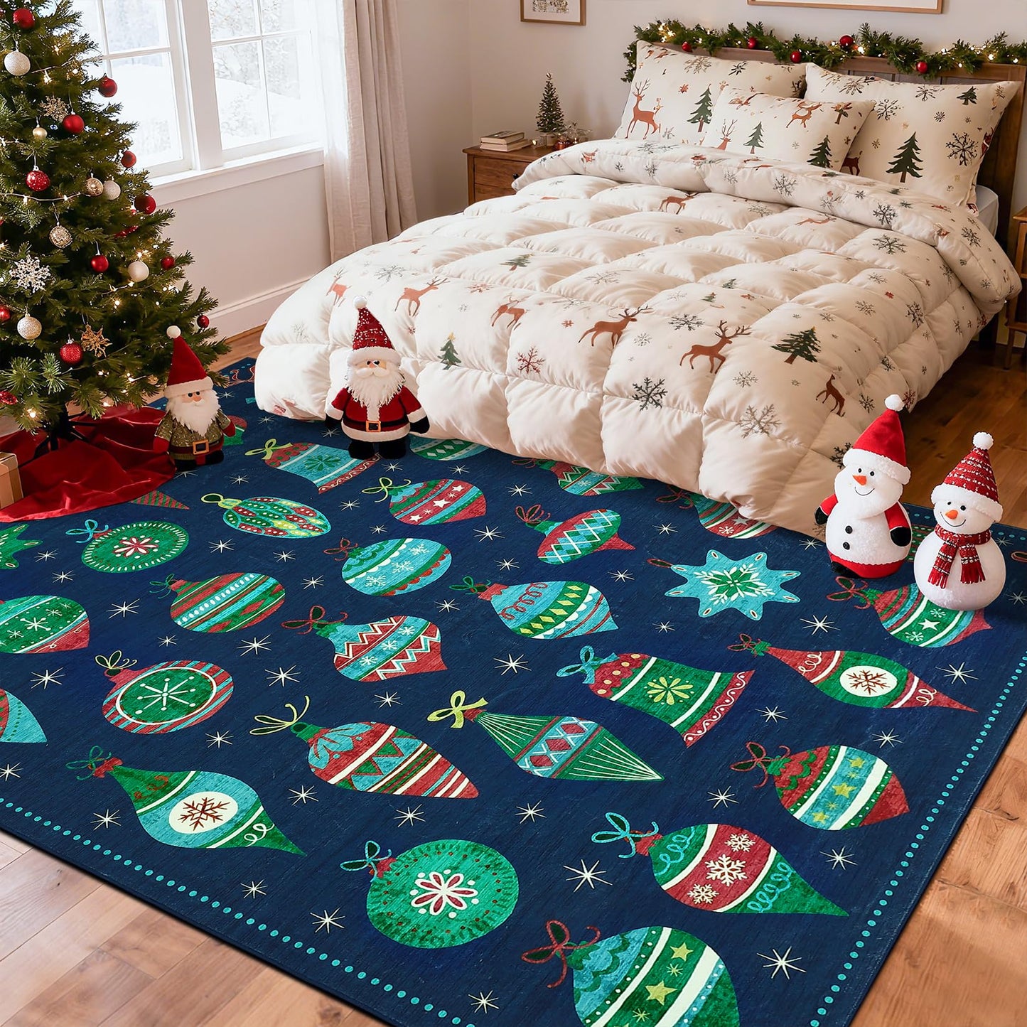 COZYLOOM Washable Christmas Rug 5x7 Holiday Decorative Floor Mats, Non-Slip Non-Shedding Christmas Carpet, Easy Cleaning Low Pile Indoor Rug for Living Room, Bedroom, Nursery, Blue