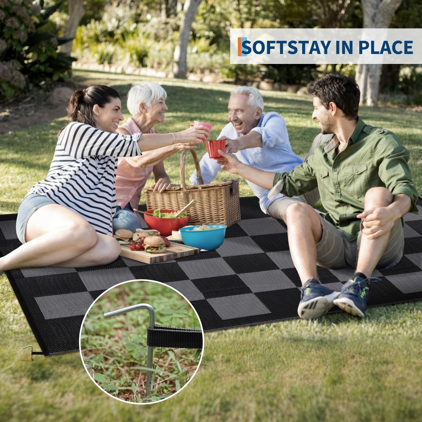 Outdoor Patio Rug 10x14 Large Waterproof Plastic Straw Camping Rug Reversible Stain Resistant Modern Checkered Carpet UV Resistant Foldable Mat for RV, Porch, Backyard, Black & Gray