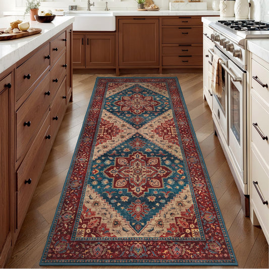 Tangsoo 2x6 Washable Runner Rug for Hallways, Non Slip Vintage Runner Rug, Soft Boho Low Pile Long Rug Runner, Print Distressed Red Carpet Runners for Kitchen Bedroom Entryway Living Room Oriental