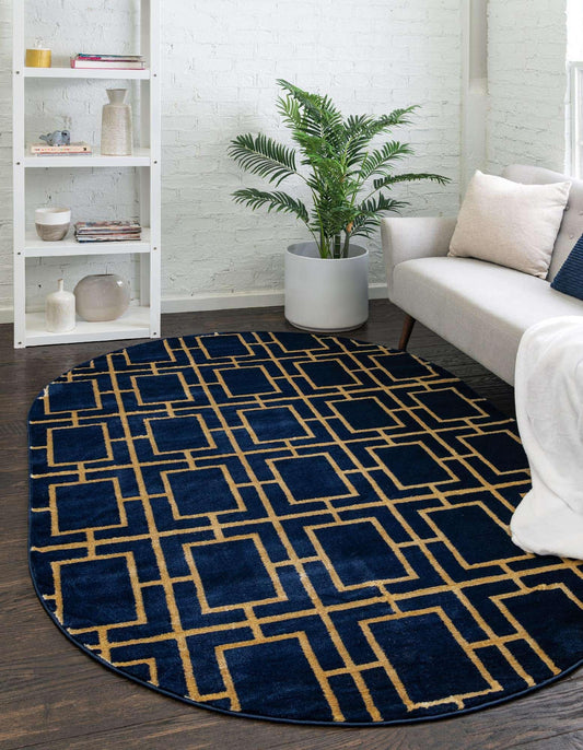 Unique Loom Glam Collection Area Rug - Deco (4' 1' x 6' 1' Oval, Navy Blue Gold/ Gold)
