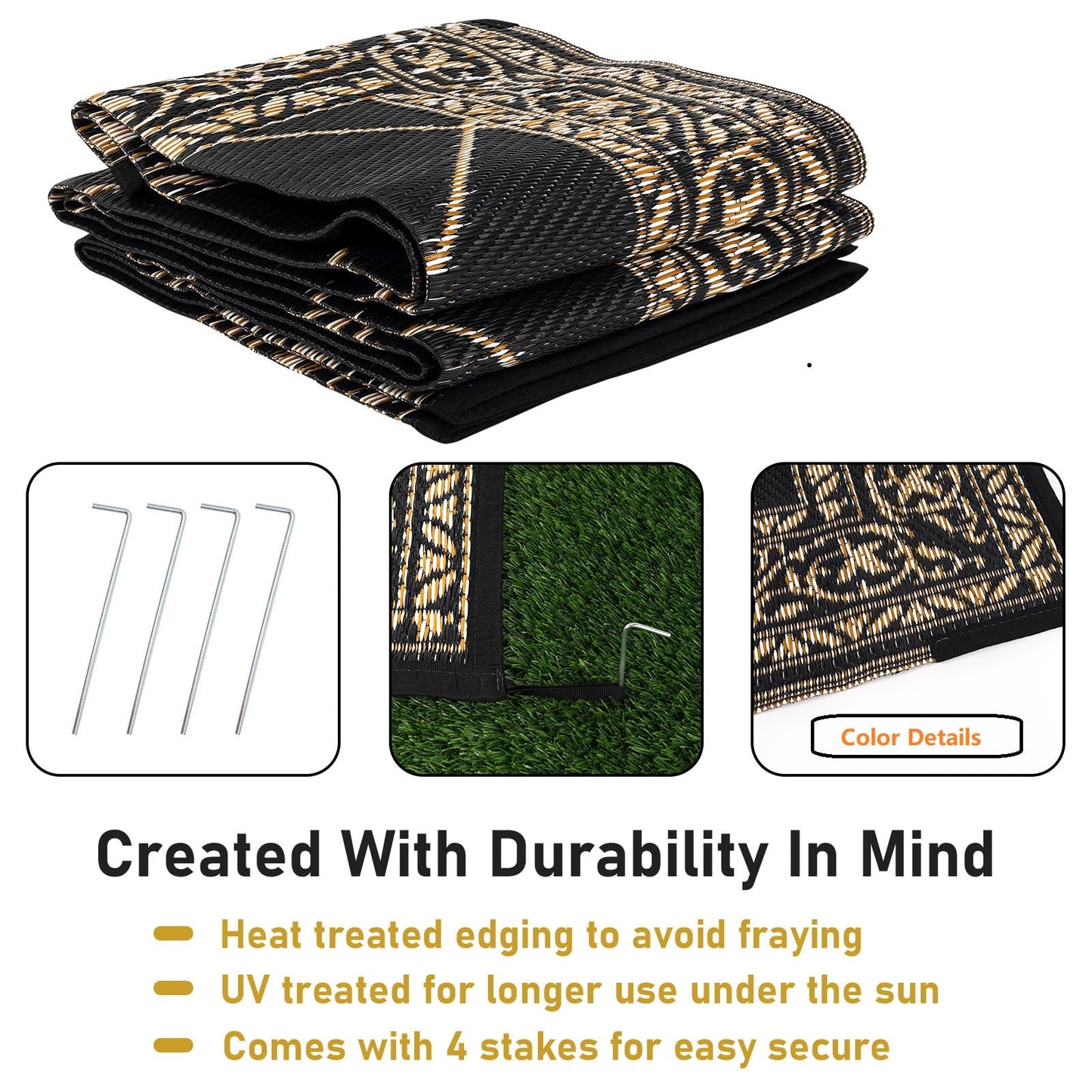 HiiARug Outdoor Rug 8'x10' for Patios Waterproof Patio Rugs Outdoor Mats for Front Porch,Beach Mat,Reversible Plastic Straw Camping Rugs for Outside RV,Deck,Balcony,Backyard，Black&Beige