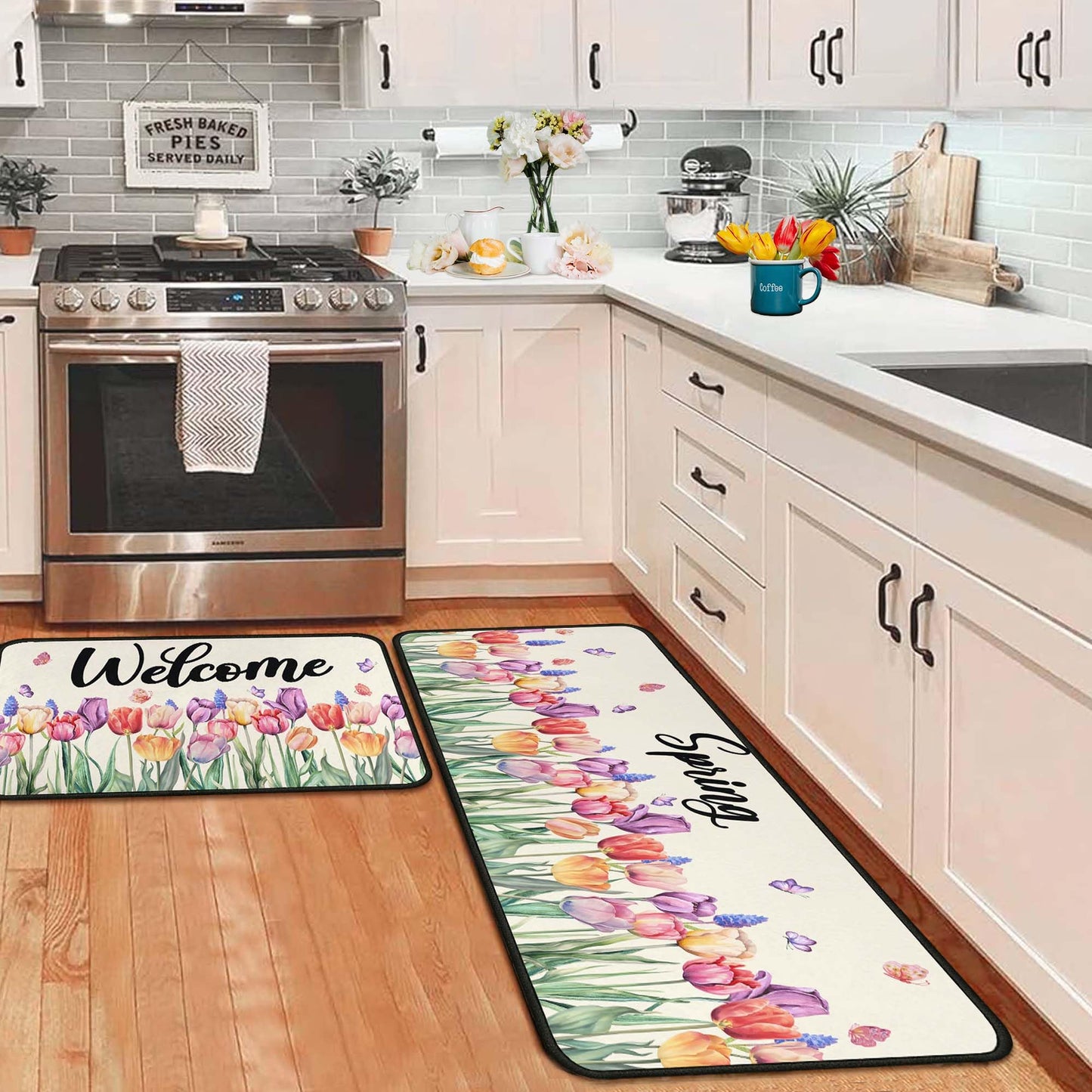 OUXIOAZ Tulip Floral Spring Decorative Kitchen Rugs Set of 2,Welcome Spring Summer Seasonal Holiday Decorations for Home Kitchen 17"x47"+17"x30"