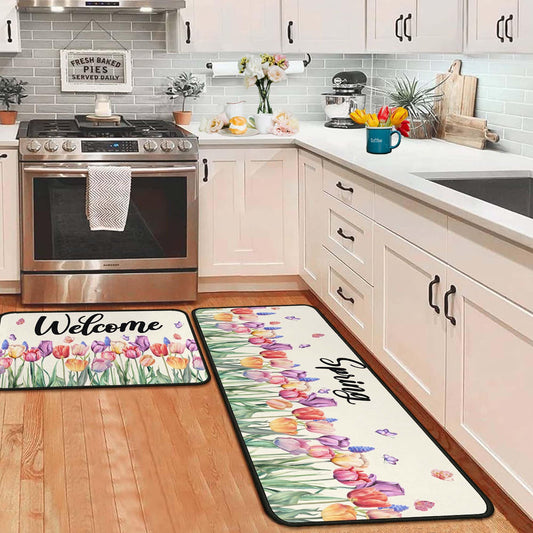 OUXIOAZ Tulip Floral Spring Decorative Kitchen Rugs Set of 2,Welcome Spring Summer Seasonal Holiday Decorations for Home Kitchen 17"x47"+17"x30"
