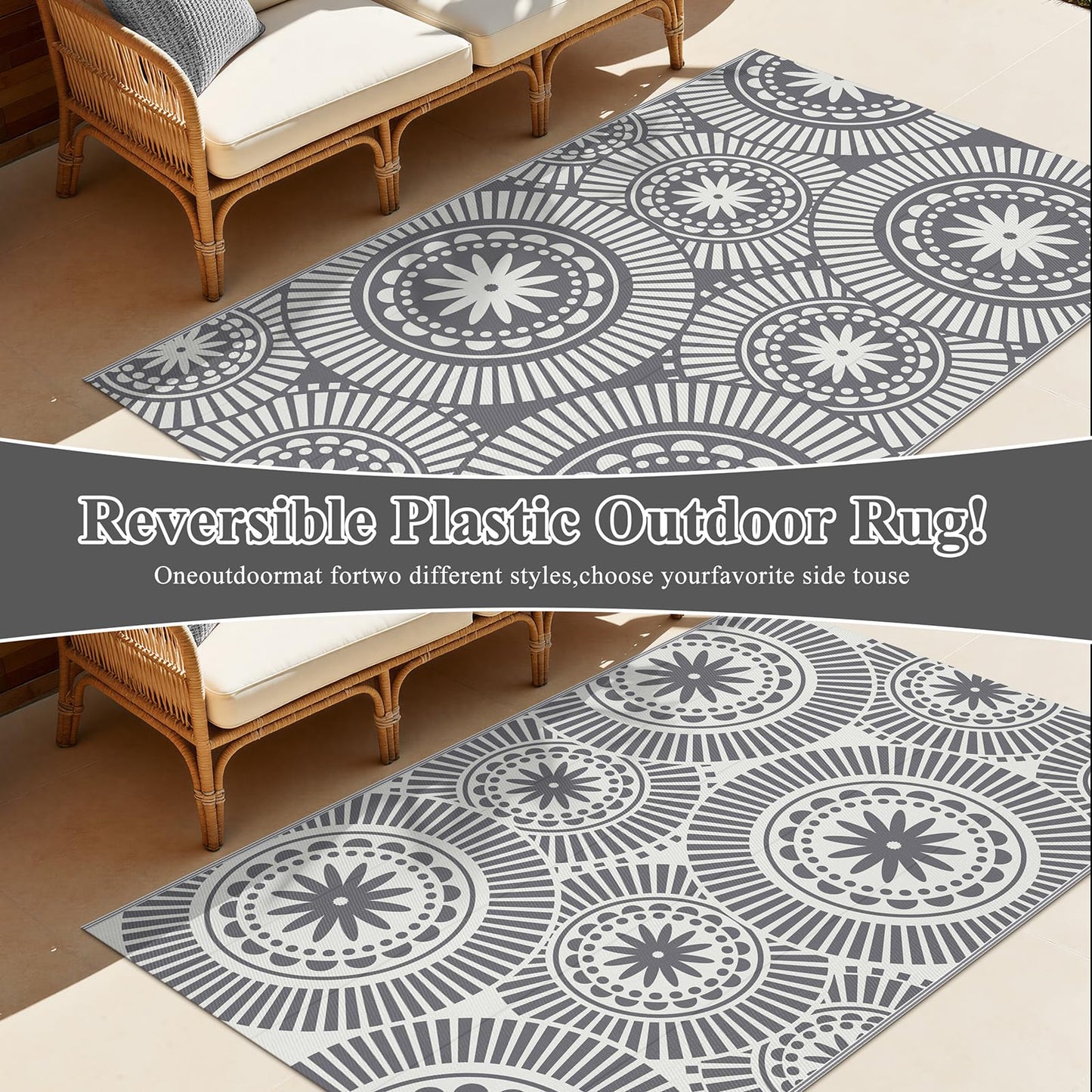 Ileading Outdoor Patio Rug Waterproof, Reversible Plastic Straw Mat, Grey Geometric Outside Carpet Quick Dry, Portable Area Rug for Deck Porch Balcony Camping RV (5×8 ft)