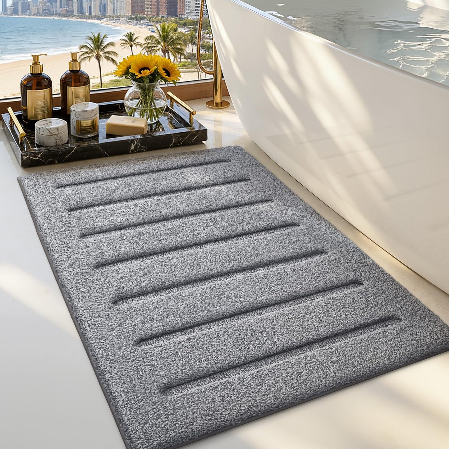 LUMI Non-Slip Skin-Friendly Bathroom Rugs, Hotel Quality Bath Mats for Bathroom, Washable Fluffy Shower Mat, Minimalist Luxury Striped Style,Ideal for Floor, Shower Tub, Entryway, 17"x30", Grey