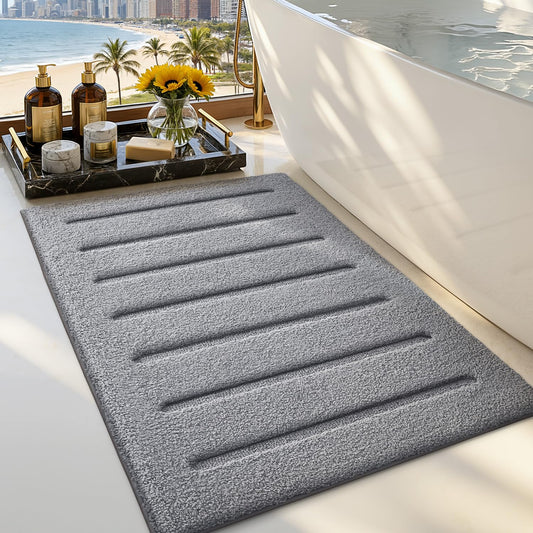 LUMI Non-Slip Skin-Friendly Bathroom Rugs, Hotel Quality Bath Mats for Bathroom, Washable Fluffy Shower Mat, Minimalist Luxury Striped Style,Ideal for Floor, Shower Tub, Entryway, 17"x30", Grey