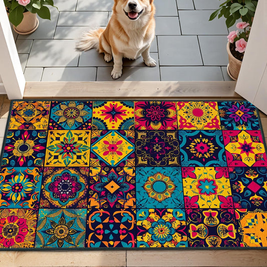 Colorful Boho Tile 2x3 Entryway Rug, Mexican Talavera Style Patchwork Small Accent Rug, Washable Low-Pile Welcome Mat for Front Door, Vibrant Bohemian Area Rug for Kitchen, Hallway, Bathroom Decor