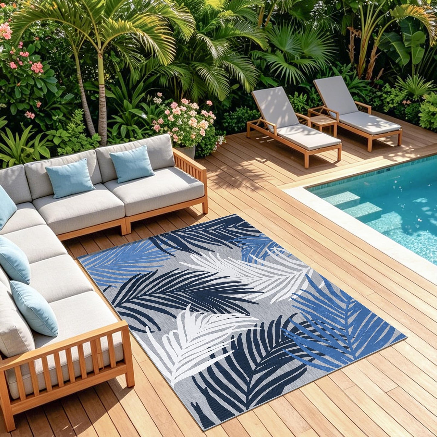 Pauwer Indoor Outdoor Area Rugs 5x7, Washbale Outdoor Patio Rug, Blue White