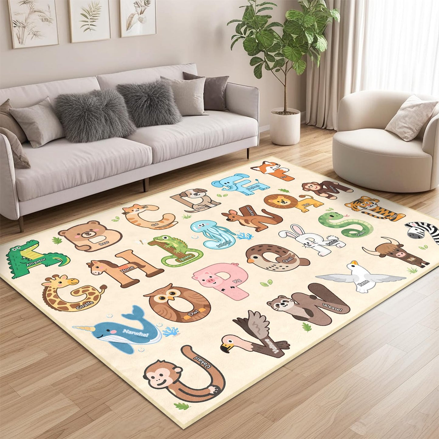 ABC Rugs for Kids Playroom - 4.5x6 Feet Alphabet Rug Kids Play Carpet Preschool Learning Animals, Educational Rug for Children Toddler Bedroom Nursery Kindergarten Decor, Beige