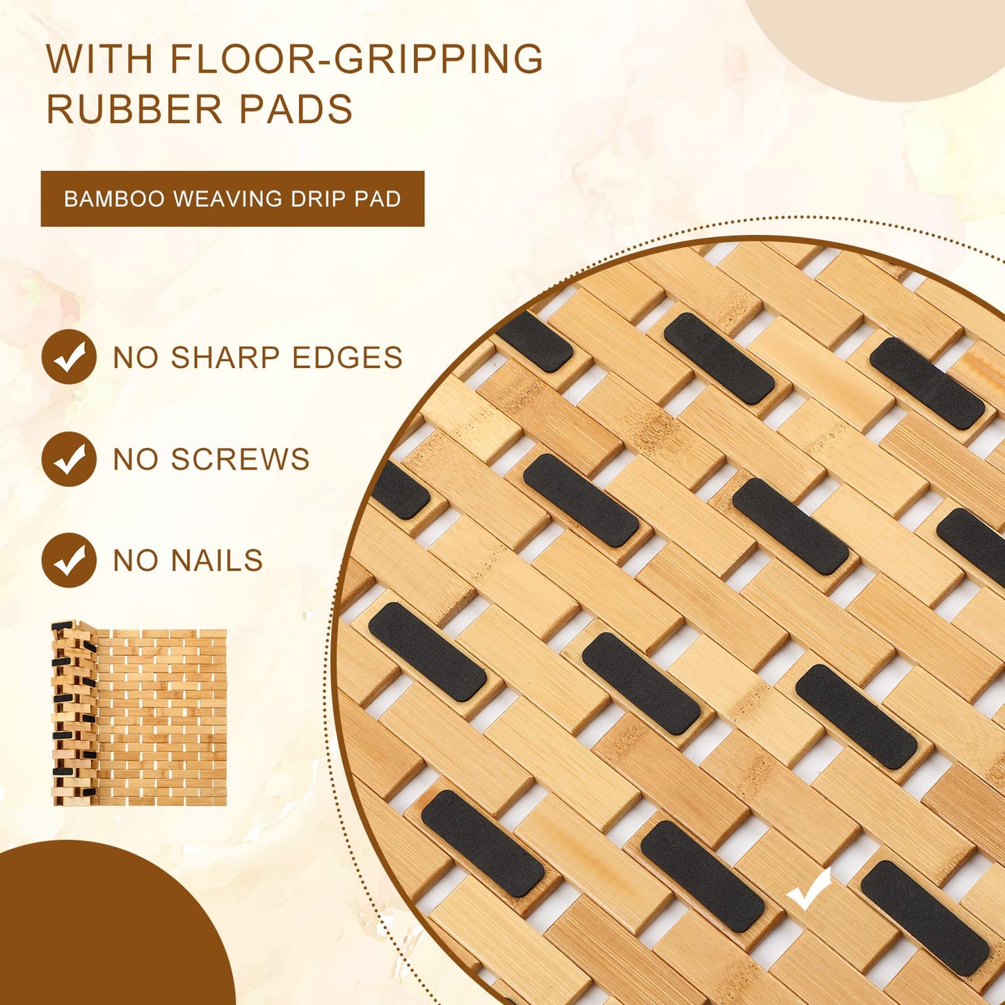 2 Pcs Bamboo Bath Mat Bathroom Rugs Floor Wood Shower Mat Non Slip Waterproof Wooden Shower Rug with Nonskid Silicone Pads for Bathroom Floor Spa Bathtub Kitchen(24 x 16 inches)