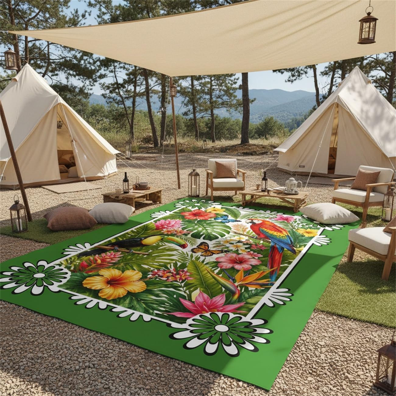 3D Waterproof Outdoor Area Rug 4x6 Tropical Floral Animal Print Green Pink Red Rugs for Porch Patio Deck Garden Rustic Jungle Outside Carpet Non Slip Thin Quick Dry Washable Floor Mats Throw Rugs