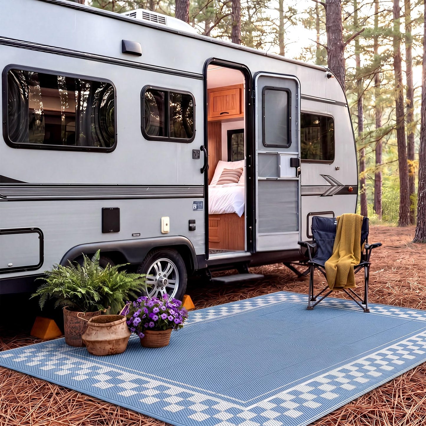 Dunzy Checkered Outdoor Patio Rug, 5 x 8 ft Non-Slip Plastic Straw Checkered Carpet Indoor Outdoor Area Mat for Outside Rv Camping Deck Pool Beach Porch Backyard(Light Blue, Cream White)
