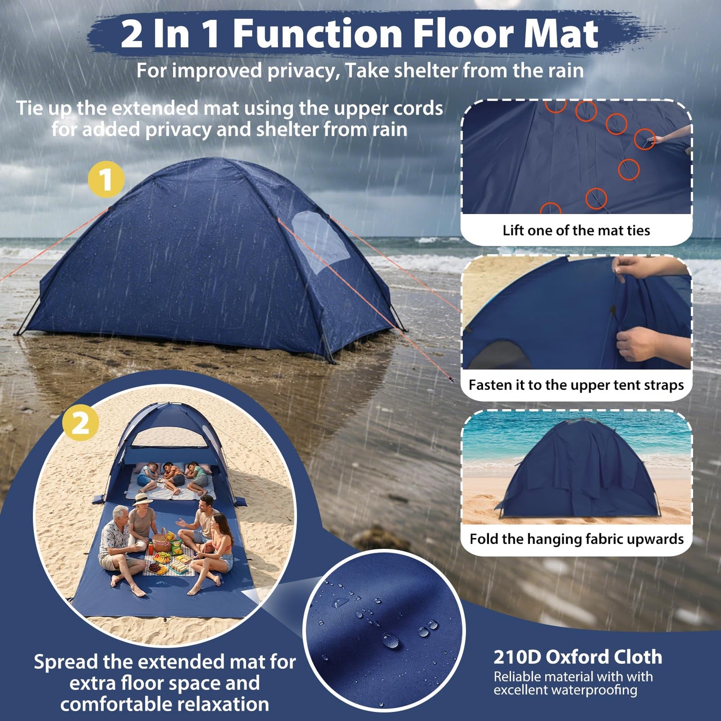 Beach Tent Sun Shelter- with 114 x 82” Extended Mat for 3-6 Person,UPF 50+ UV Protection,Easy Setup Beach Shade Canopy,Portable Camping Sun Shelters with 3 Mesh Window for Family Picnics Fishing