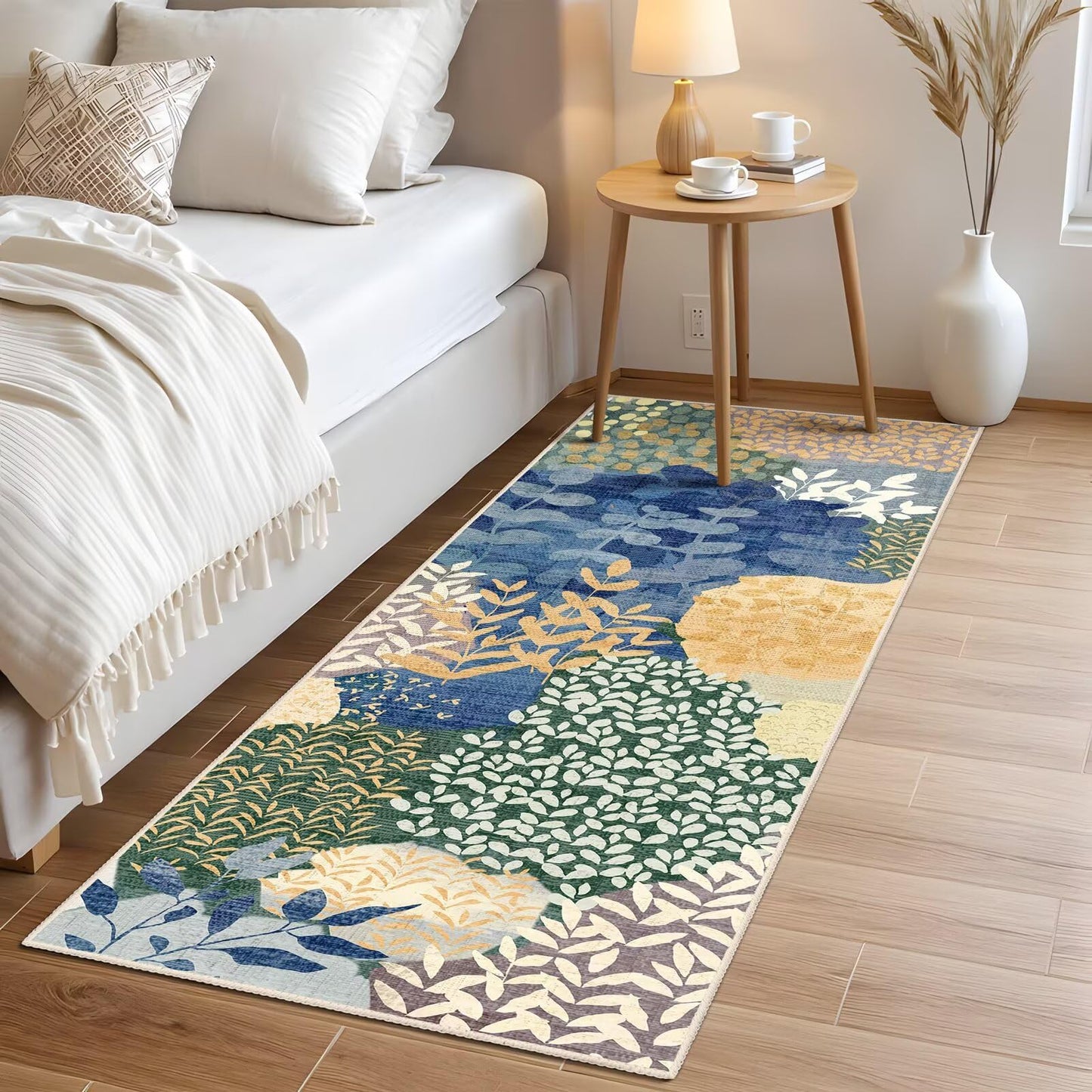 DEXDE Runner Rug 2x6 Washable Hallway Boho Soft Area Rugs Abstract Long Non Slip Botanical Leaves Floral Print Carpet for Entryway, Kitchen, Laundry, Bathroom, Bedroom,Blue