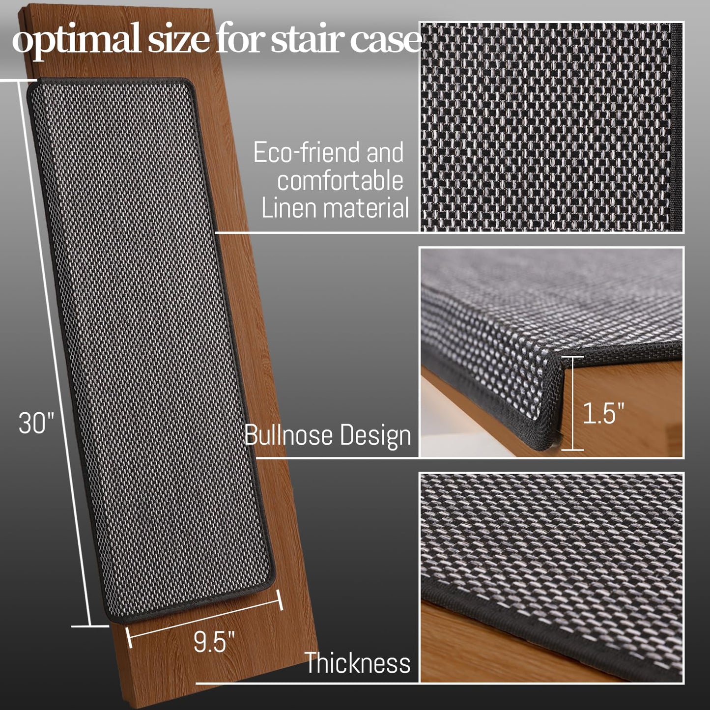 MATAHUM Bullnose Carpet Stair Treads 30" x 9.5", 14 Pcs Non Slip Stair Treads for Wooden Steps Indoor, Reusable Carpet for Stairs Runner, Edging Stair Protectors(Black)