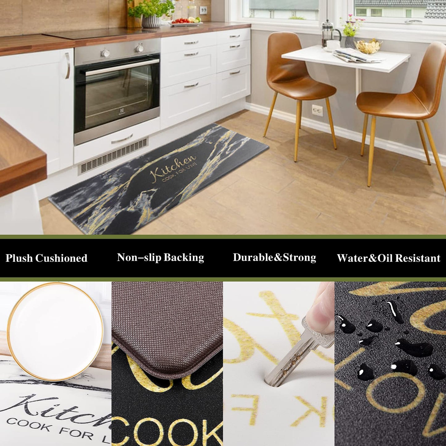Carvapet 2 Pieces Comfort Anti-Fatigue Kitchen Rugs Standing Desk Mat Waterproof Decorative Ergonomic Floor Pad Kitchen Rug Black&Golden Marble Design 17"x47"+17"x28"