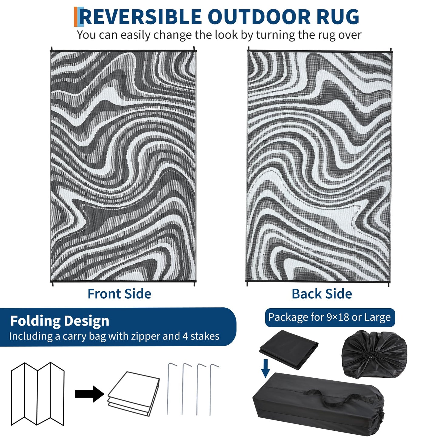 Garvee Outdoor Rug 9x18 Patio Waterproof, Abstract Outdoor Plastic Straw Rug, Camping Rugs for Outside Your RV, Reversible UV Resistant Mats with Portable Bag for Backyard, Deck, Picnic, Black Grey