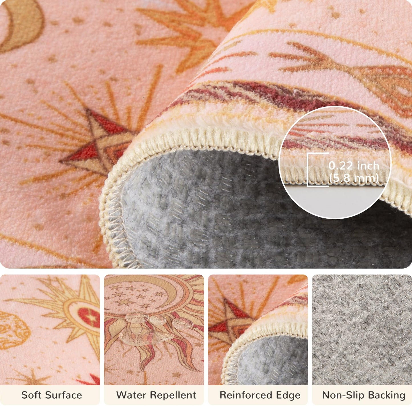 meejou 5x7 Area Rugs, Washable Vacuum-Friendly Non-Slip Rug Vintage Boho Gothic Sun and Moon Printed Pattern Low Pile Carpet for Living Room Bedroom Dining Room Hallway Entryway,Pink Gold Beige Red