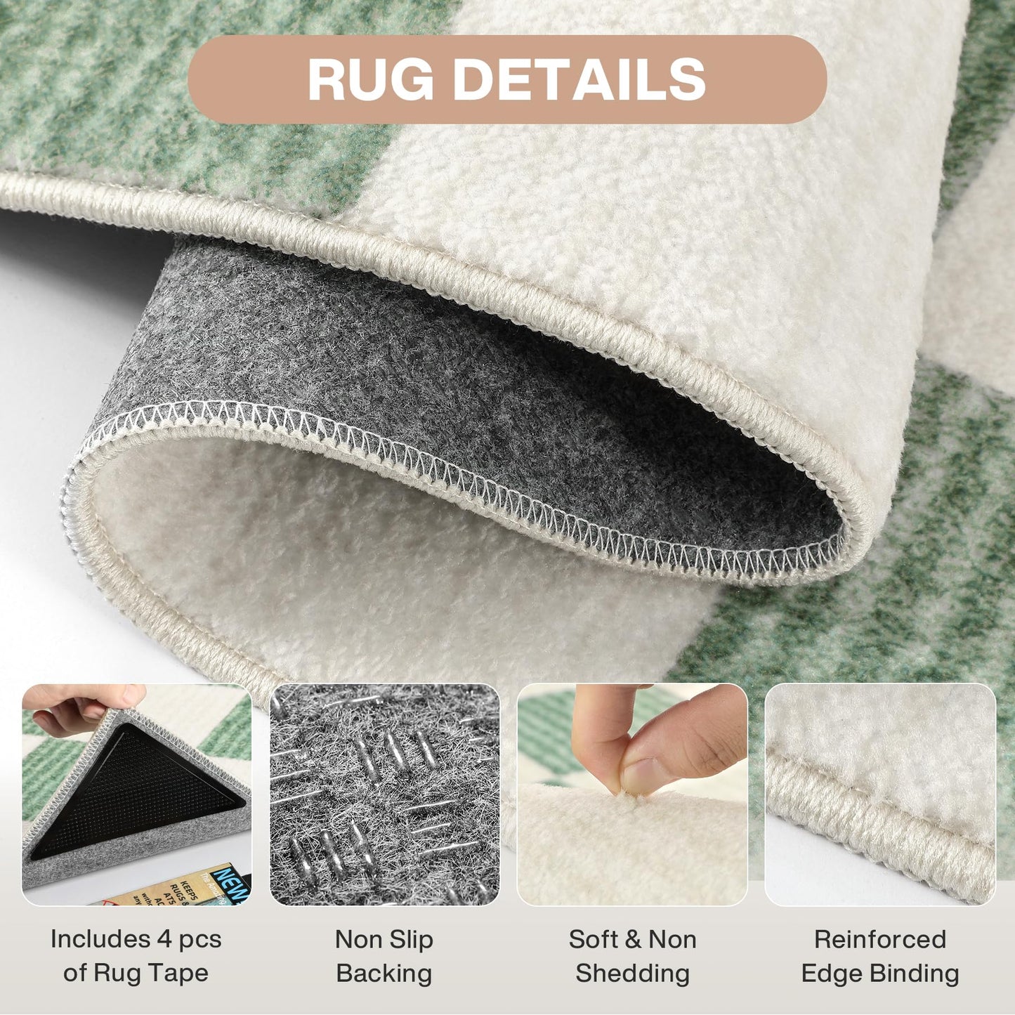Tribesigns Checkered Washable 5x7 Area Rugs for Living Room, Soft Non-Slip Sage Green Rug for Bedroom, Geometric Printed Dining Room Carpet for Office Playroom Decor, Oeko-Tex Certified