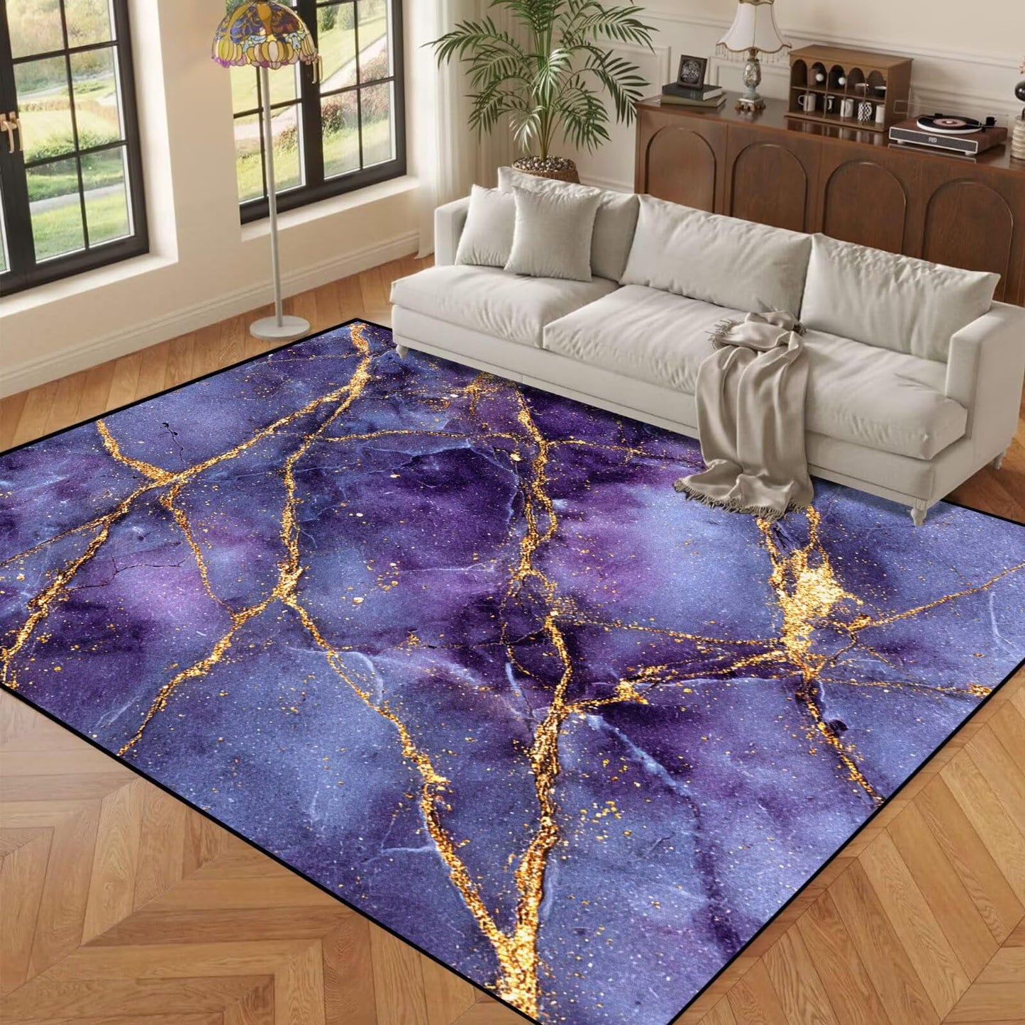 FUYEUN 6' x 9' Marble Area Rugs Morden Abstract Large Floor Throw Rug for Bedroom Dining Living Room Dorm Throw Carpet Doormat Home Decor Washable, 70" x 108", Purple and Gold