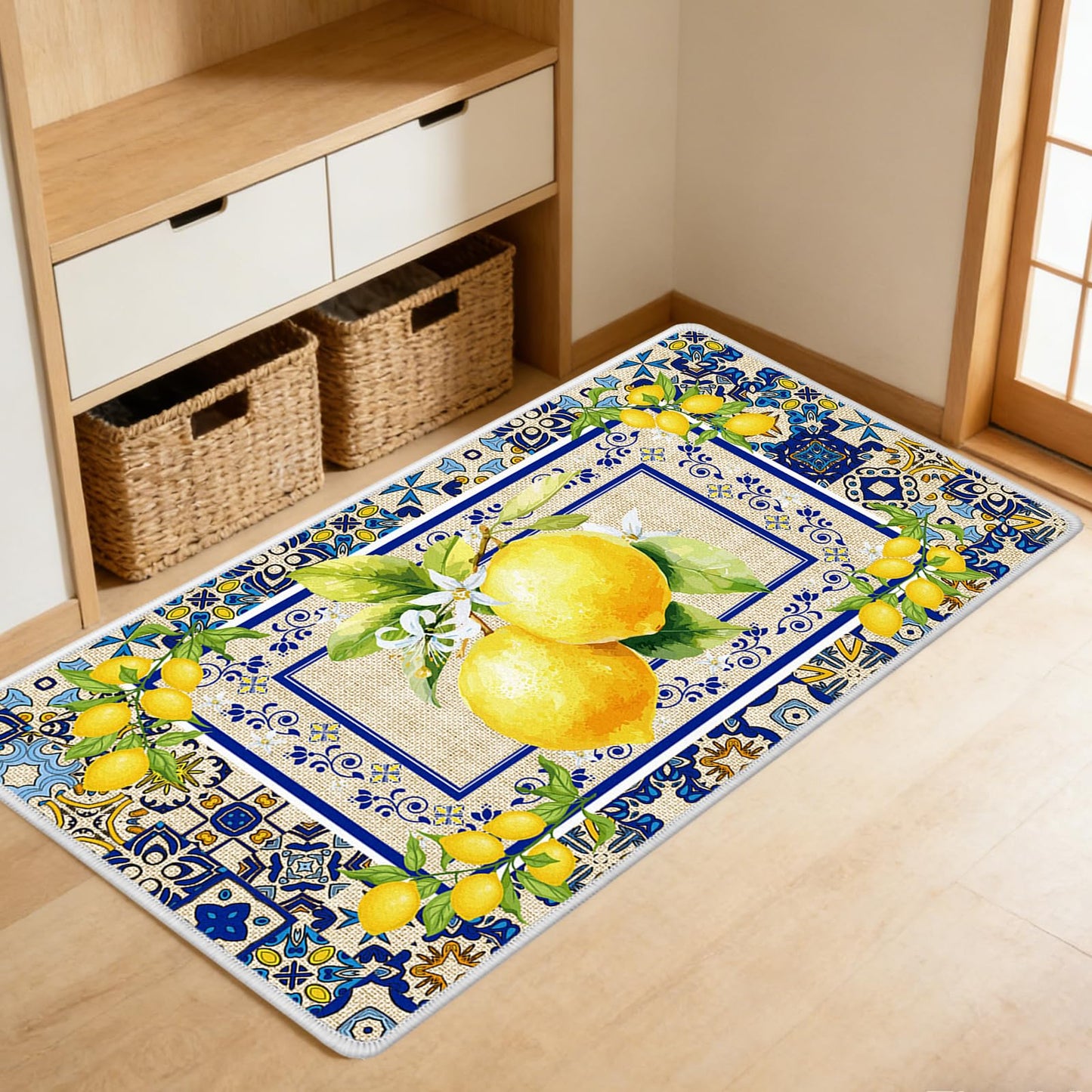 InIsaJace Lemon Kitchen Mats Set of 2, Mediterranean Kitchen Rugs Non Slip for Floor, Amalfi Coast Decor Yellow and Blue Decorative Rug for Home (16x28 +16x47 Inches)