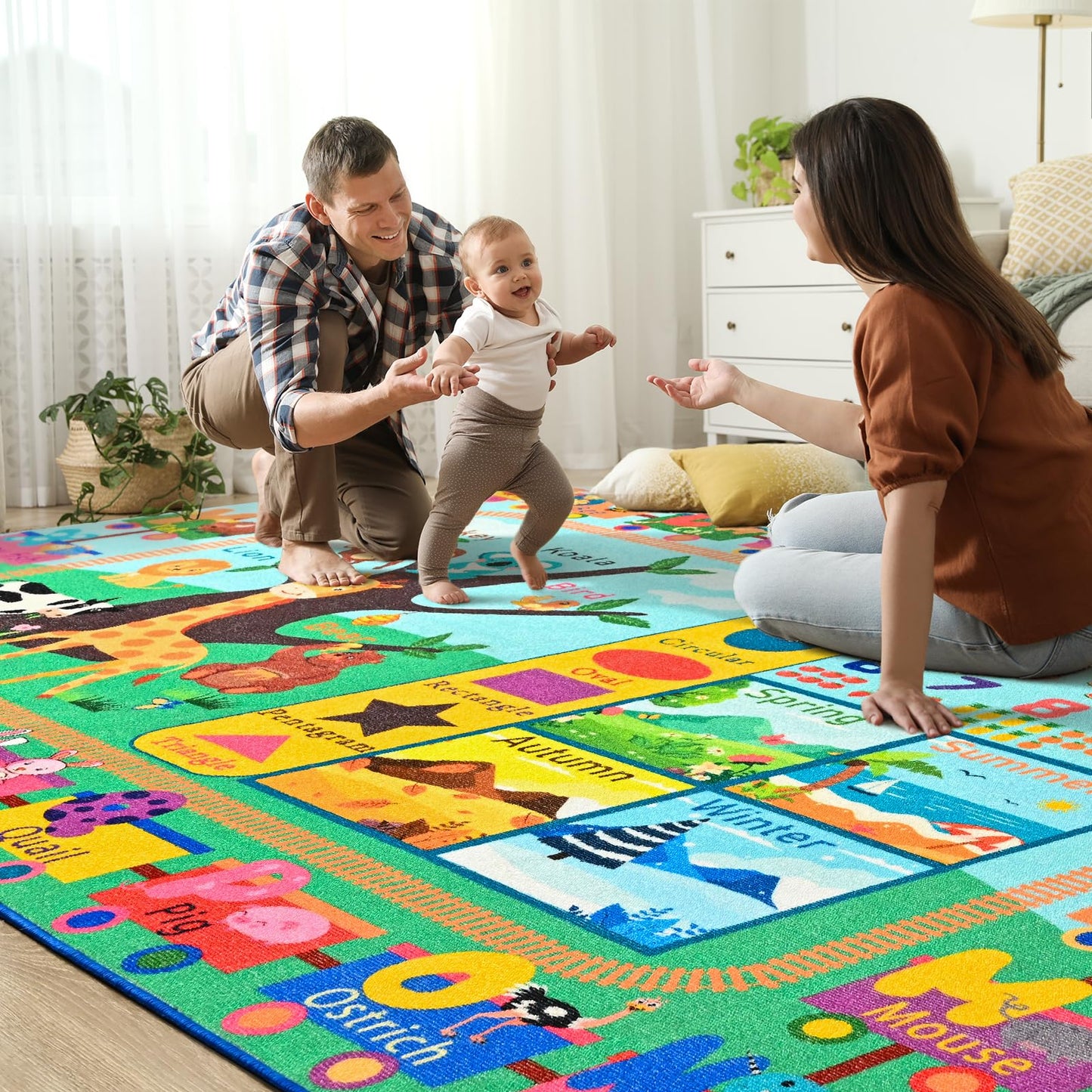 Zedrew Kids Rug for Playroom, 3x5 ABC Educational Carpet for Classroom, Fun Alphabet Area Rugs for Learn Numbers Season Animal Weather and Shapes Playmat for Girls Boys Room Nursery Decor