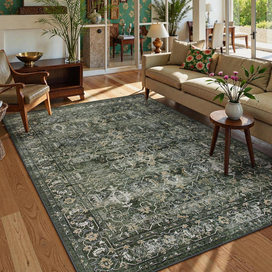 Lahome Margot Washable Area Rugs 5x7 Green Rugs for Living Room,Boho Rug for Bedroom, Distressed Non Slip Low Pile Carpet for Indoor Home Office Dining Room (5'x7', Green)