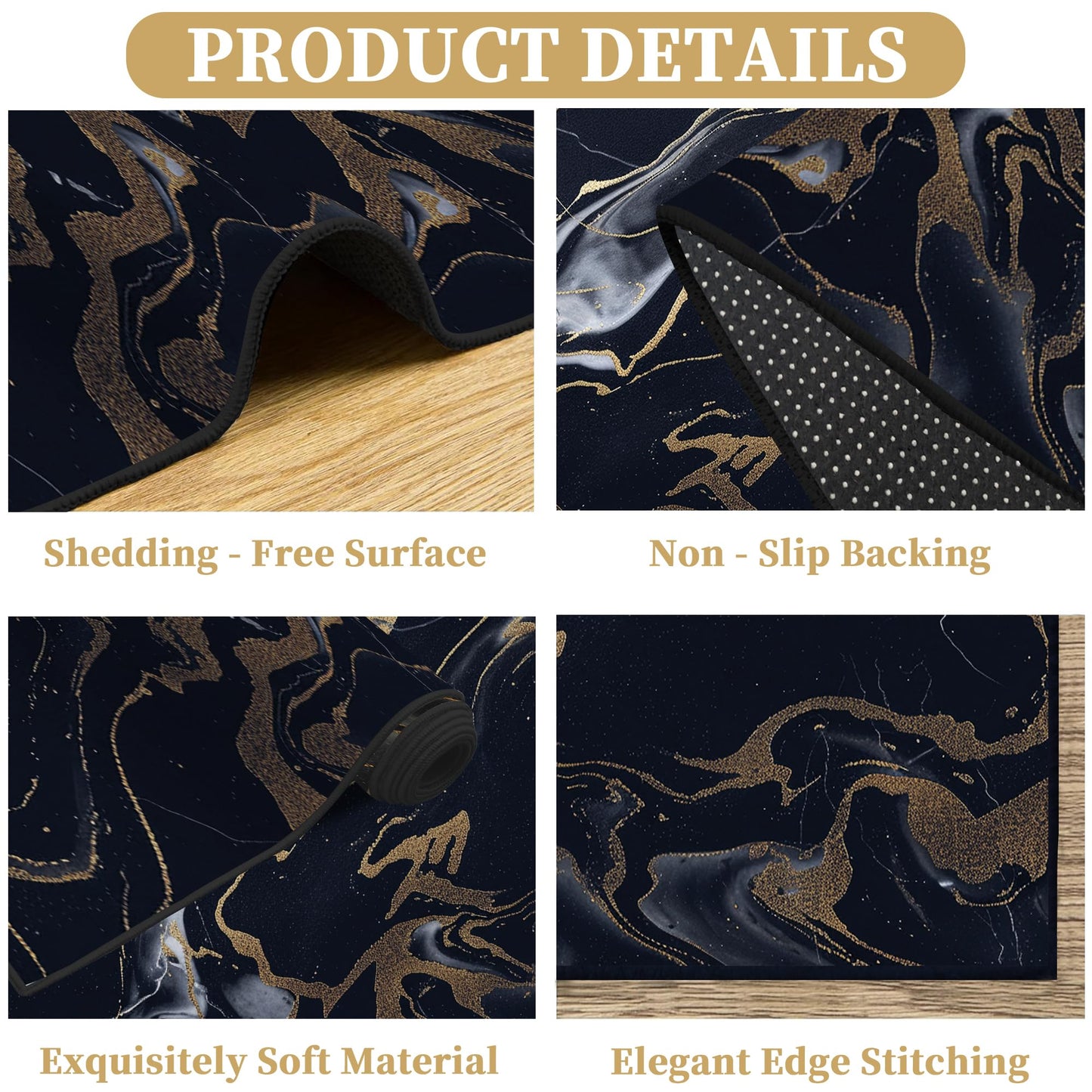 VTKON 6' x 9' Black Gold Rug for Living Room Marble Area Rug Modern Marbling Rugs for Teens Adults Non-Slip Washable Carpet Marbled Floor Mat for Dining Room Bedroom Dorm Marble Black Gold Rugs