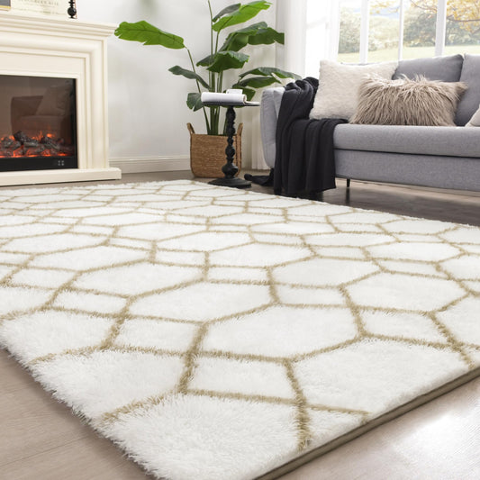 ARKIIKI 5x7 Area Rug for Living Room, White and Beige Fluffy Rug for Bedroom, Geometric Shag Soft Carpet for Kids Home Decor Aesthetic, Non Slip Plush Shaggy Floor Mat for Teen Nursery Playroom Dorm