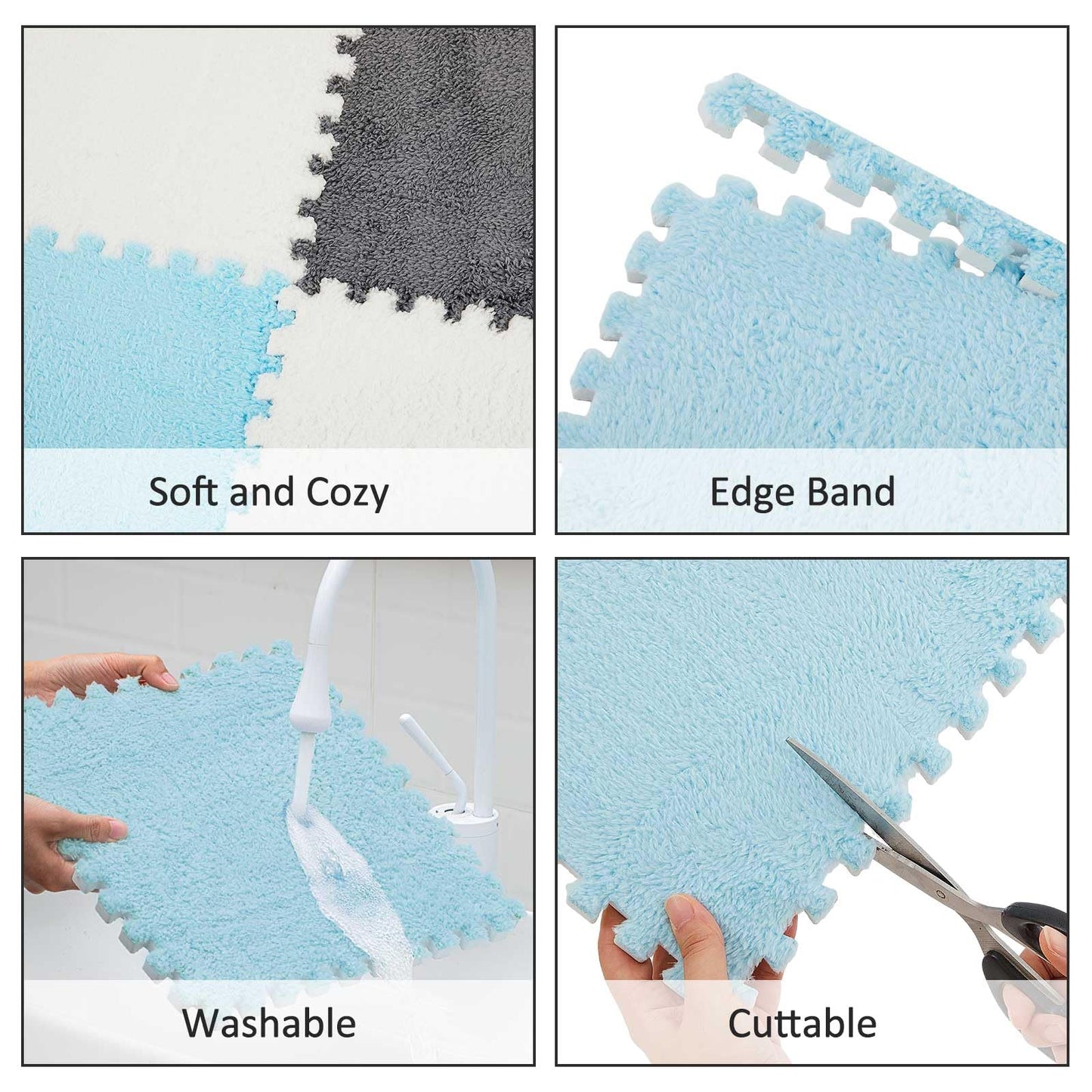 Amylove 36 Pack Plush Foam Floor Mat Square Interlocking Carpet Tiles with Border Fluffy Play Mat Floor Tiles Soft Climbing Rugs for Bedroom Playroom, 12 x 12 x 0.4 in(White, Gray, Light Blue)