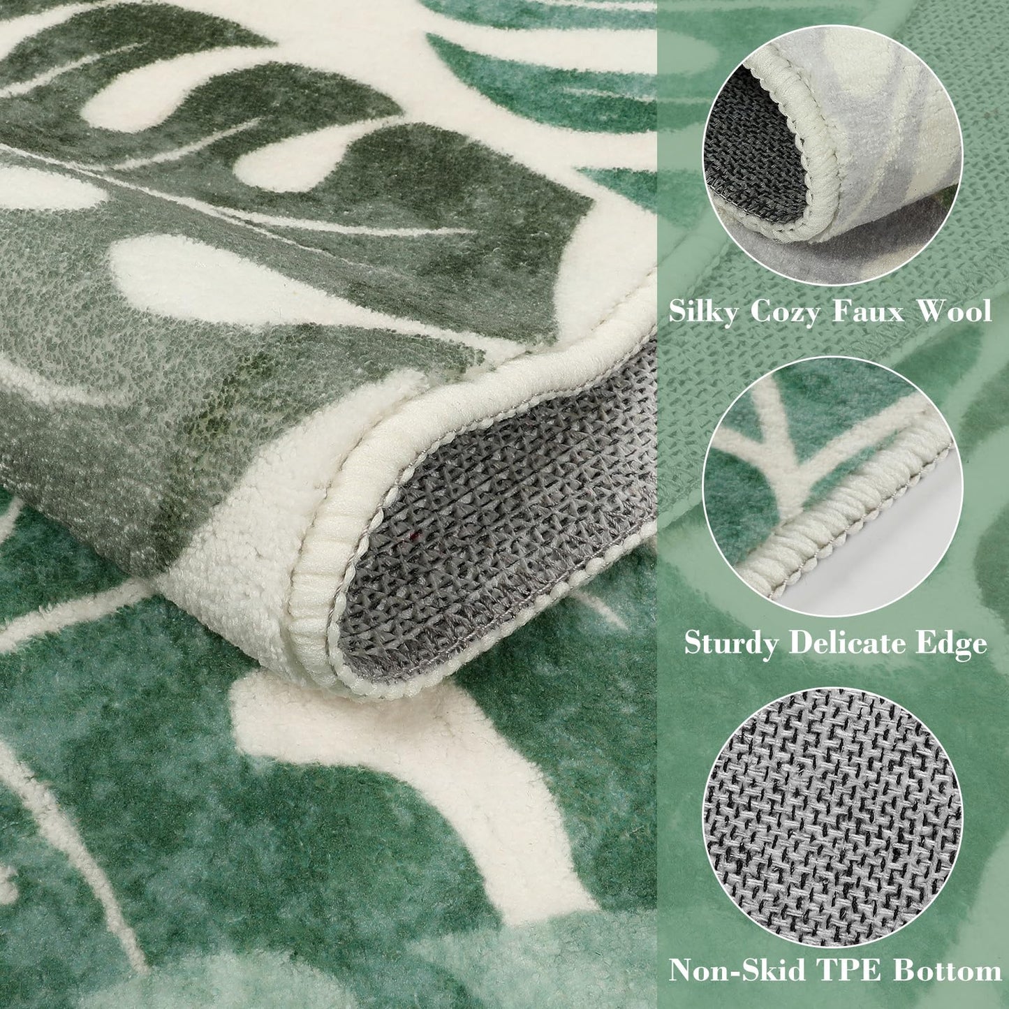 Wonnitar Monstera 3x5 Washable Rug, Sage Green Leaf Area Rugs for Bedroom, Non-Slip Living Room Entry Throw Mat, Low Pile Faux Wool Indoor Carpet for Kitchen Bathroom Office