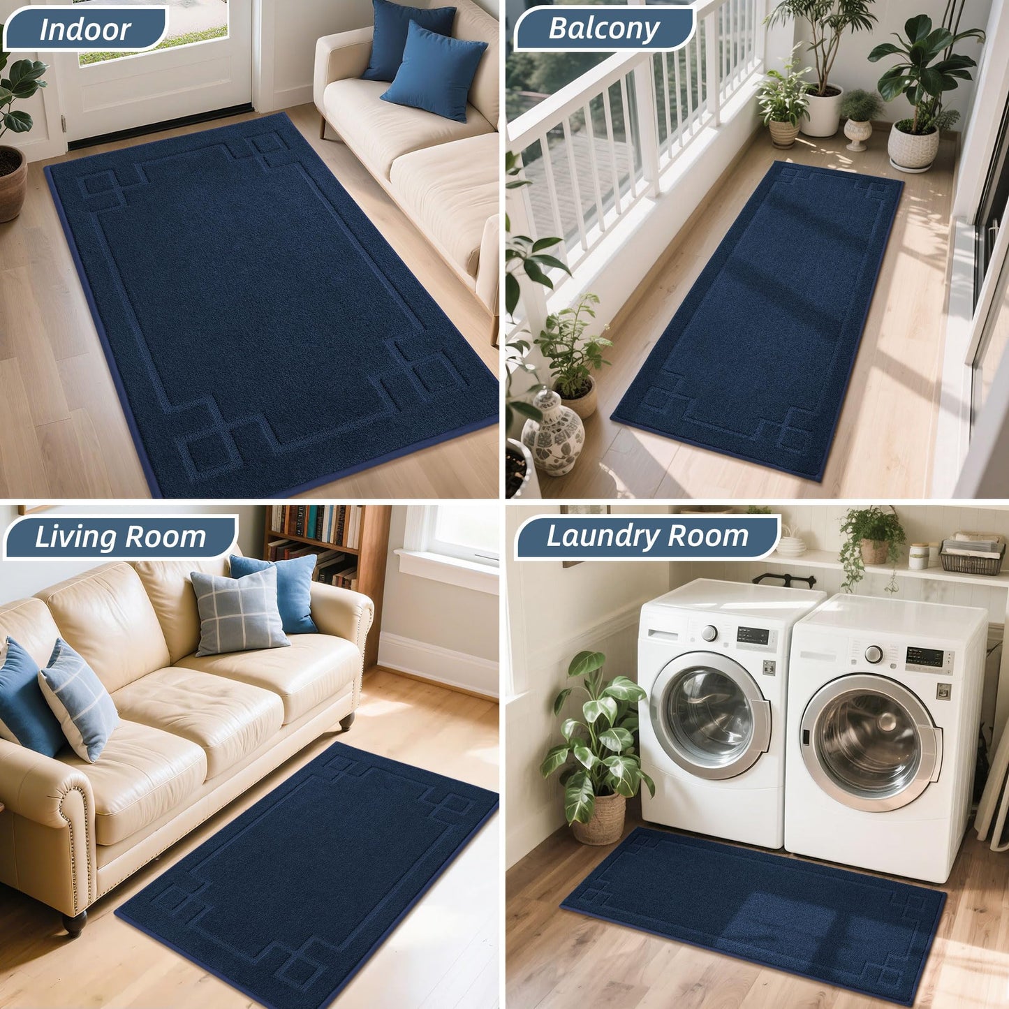 BEQHAUSE Door Mat 24" x 60", Non-Slip Door Mats Indoor Entryway Rugs Washable Low-Profile Absorbent and Stain Resist Floor Mats, Dog Door Mat for Front Back Door, Mud Wet Shoes & Paws, Navy Blue