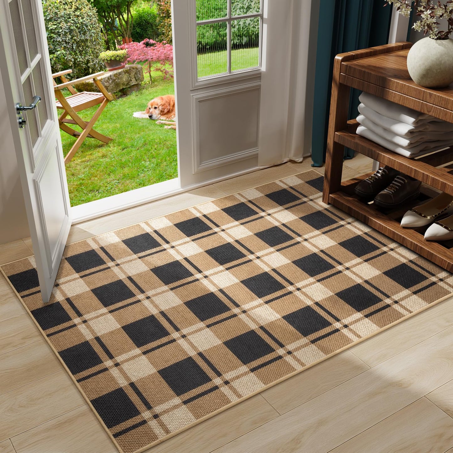 AROGAN Plaid Jute Rug 3x5, Washable Indoor Outdoor Rug, Black and Brown Checkered Farmhouse Rug, Non-Slip Low Pile Carpet for Patio, Living Room, Kitchen, Entryway