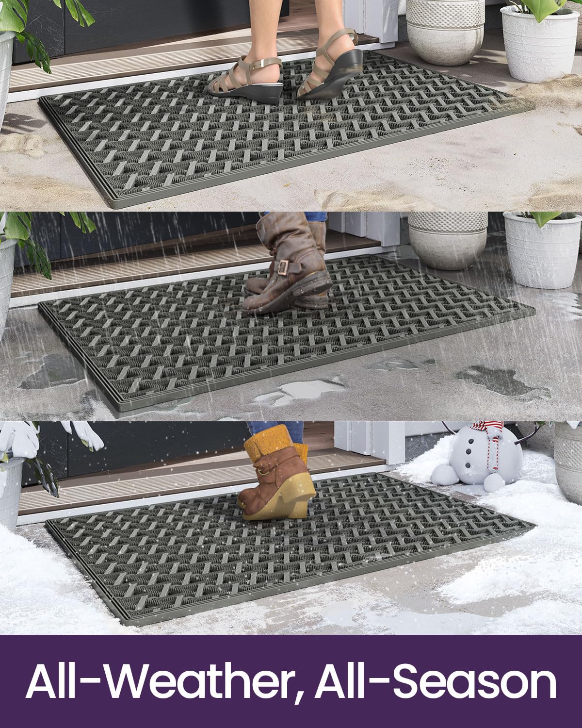 DEXI Front Door Mat Outside Entrance Rubber 24x36, Welcome Floor Doormat Heavy Duty Non Slip, Dirt Trapper Waterproof Exterior Entry Mats All Weather for Patio Entryway Drainage, Grey